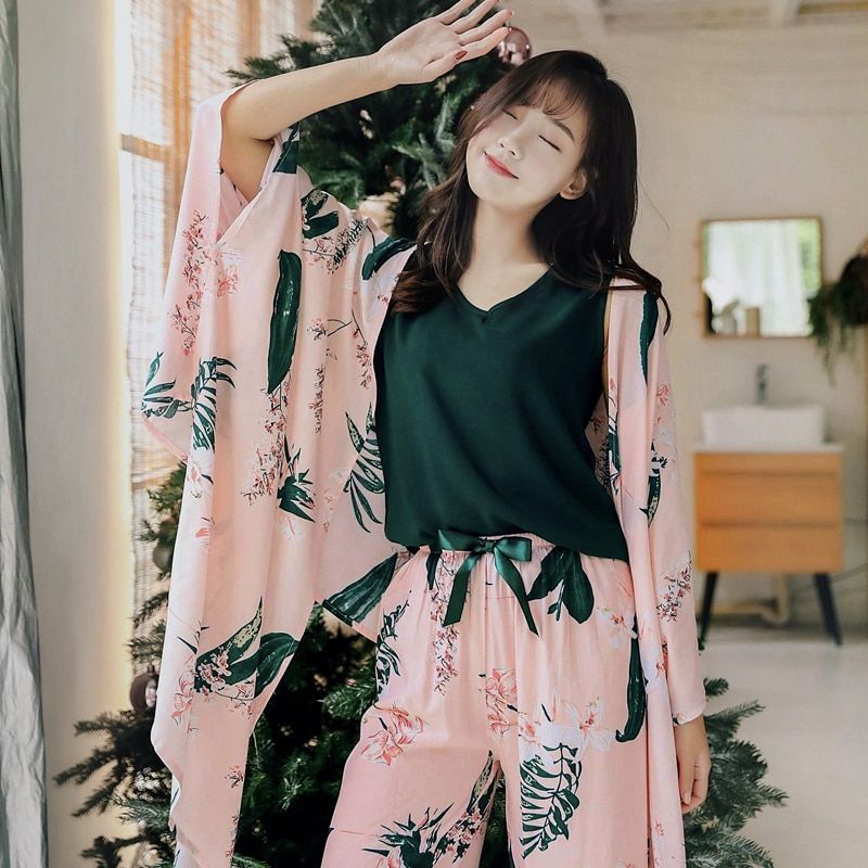 4 Pieces  Soft Autumn Summer Women Pajamas Sets  Floral Printed Sleepwear With Shorts Female Leisure Nightwear Suit