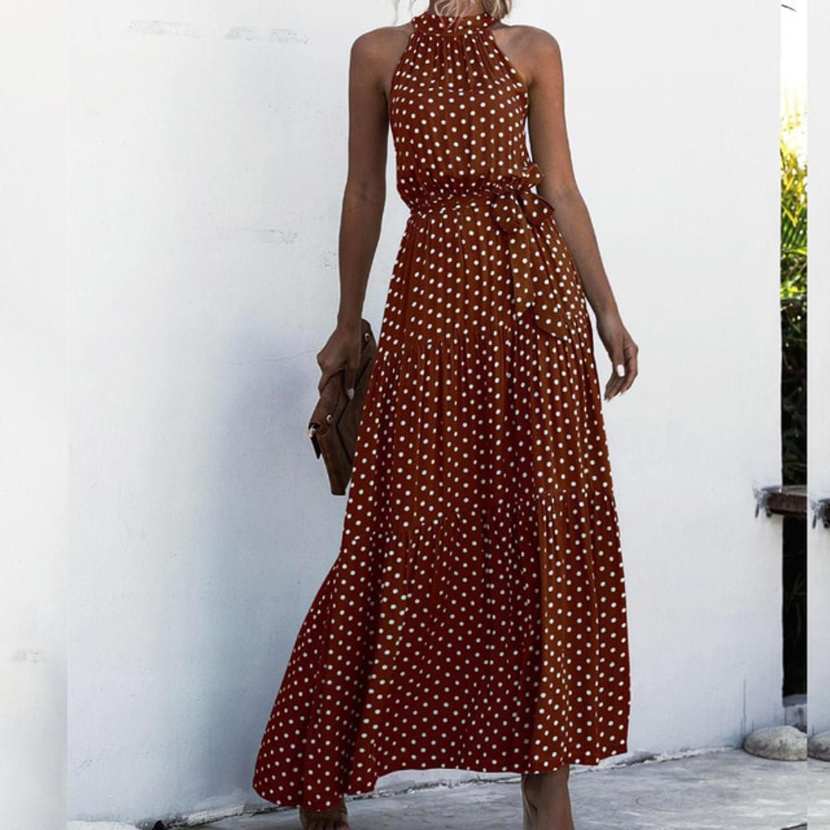 Summer Long Dress Polka Dot Casual Midi Dresses Black Halter Strapless Yellow Sundress Vacation Dress Clothes For Women