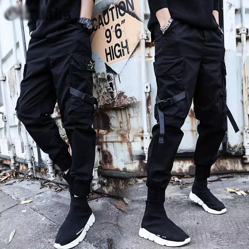 Men Cargo Pants Black Ribbons Block Multi-Pocket Harem Joggers Harajuku Sweatpant Hop Casual Harem Tide Male Trousers