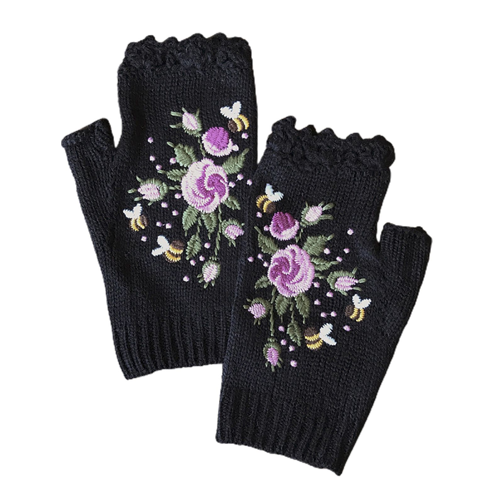 Winter Gloves Elegant Floral Embroidery Winter Arm Gloves