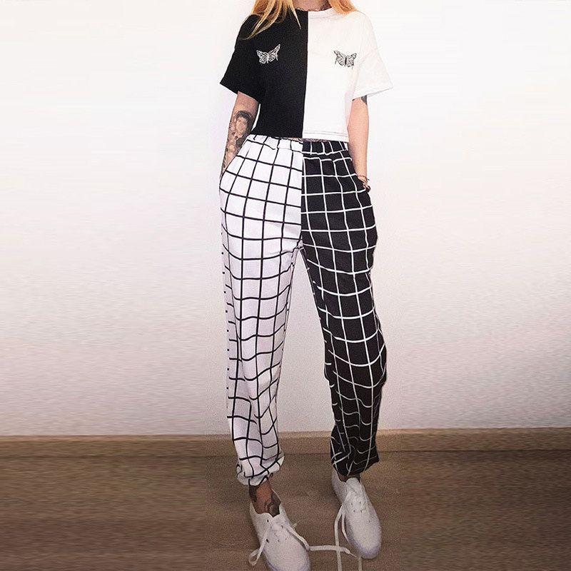 Vintage Plaid Patchwork Pants Woman Trousers Elastics High Waist Pants Causal Straight Checkerboard Plaid Prited Pants