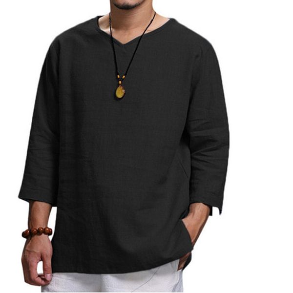 Men's V Neck Cotton Linen T Shirts Male Breathable Solid Color Long Sleeve Casual Loose Linen T-Shirt Tops M-4XL