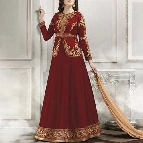 Maroon  Semi-Stitched  Georgette  Gown  For  Women