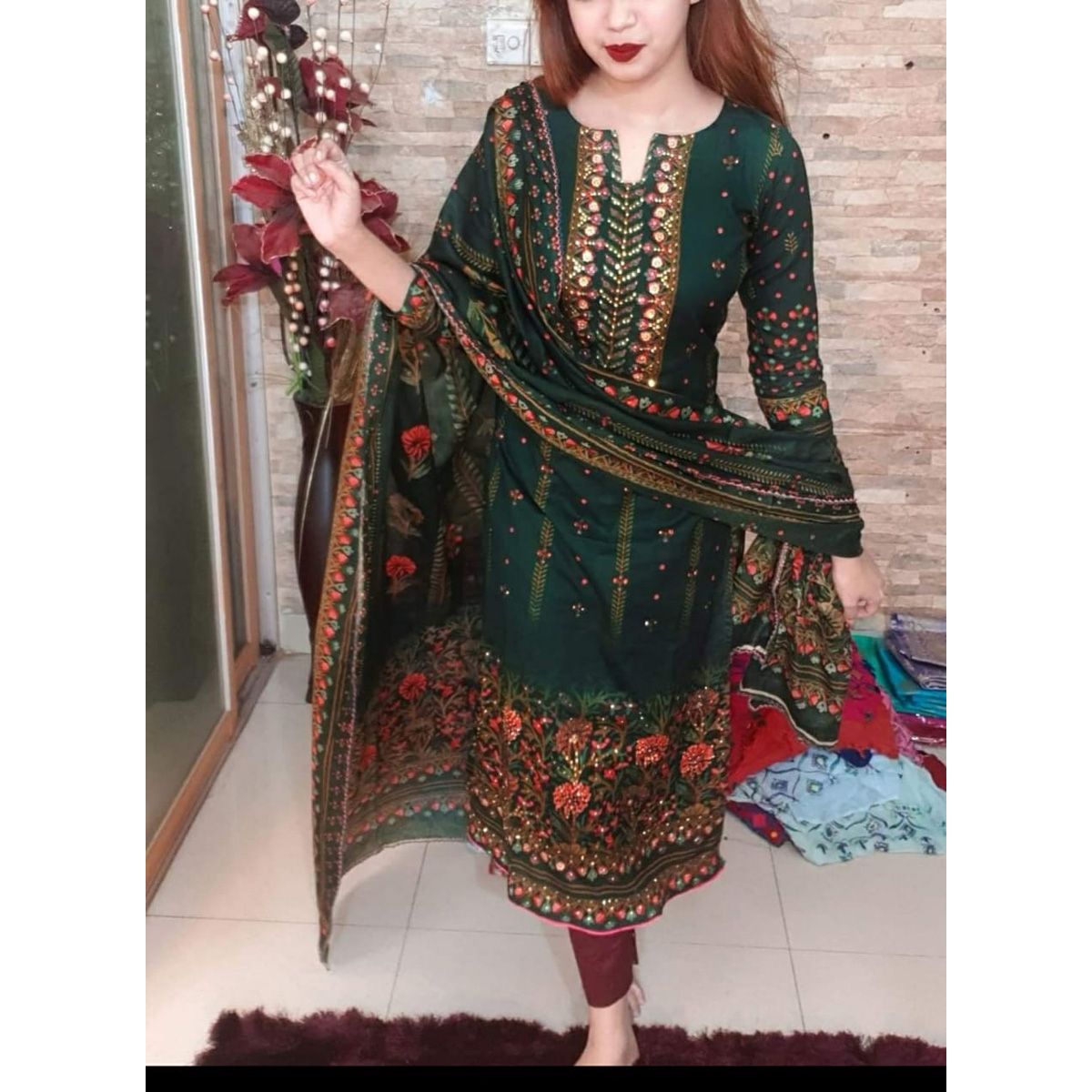 New Gujrati  Gorgeous Mail Prints & Stone Work Cotton Three Piece for Women