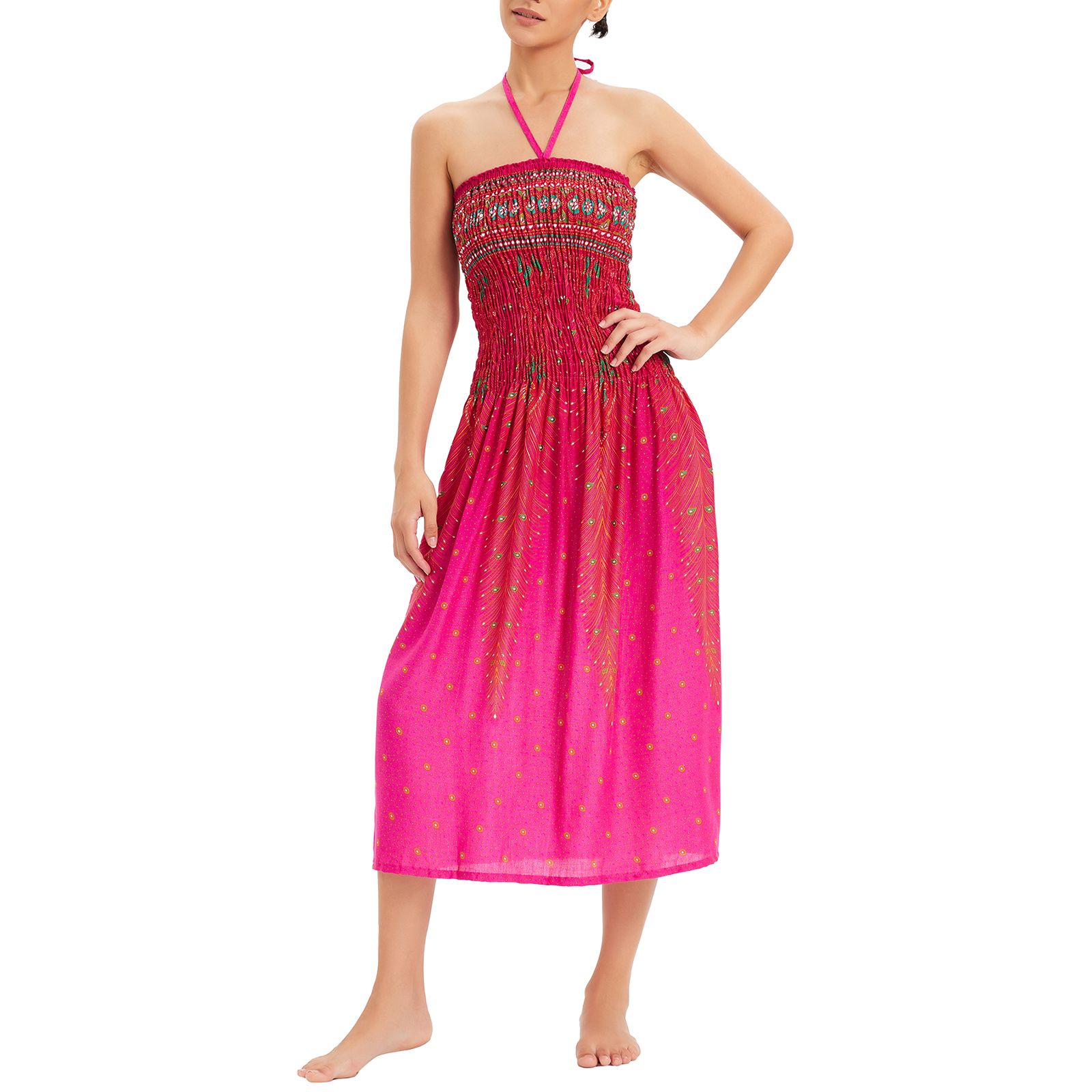 Women's 2-in-1 Skirt, Peacock Round Dot Printed Boho Style Drawstring Skirt/Halter Dress