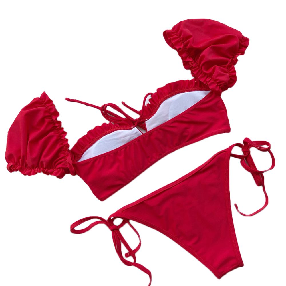 Sexy Split Type Swimwear Women's Low Waist Bikini Solid Color Swimwear Sets Fashion Lacing-up Bathing Suit