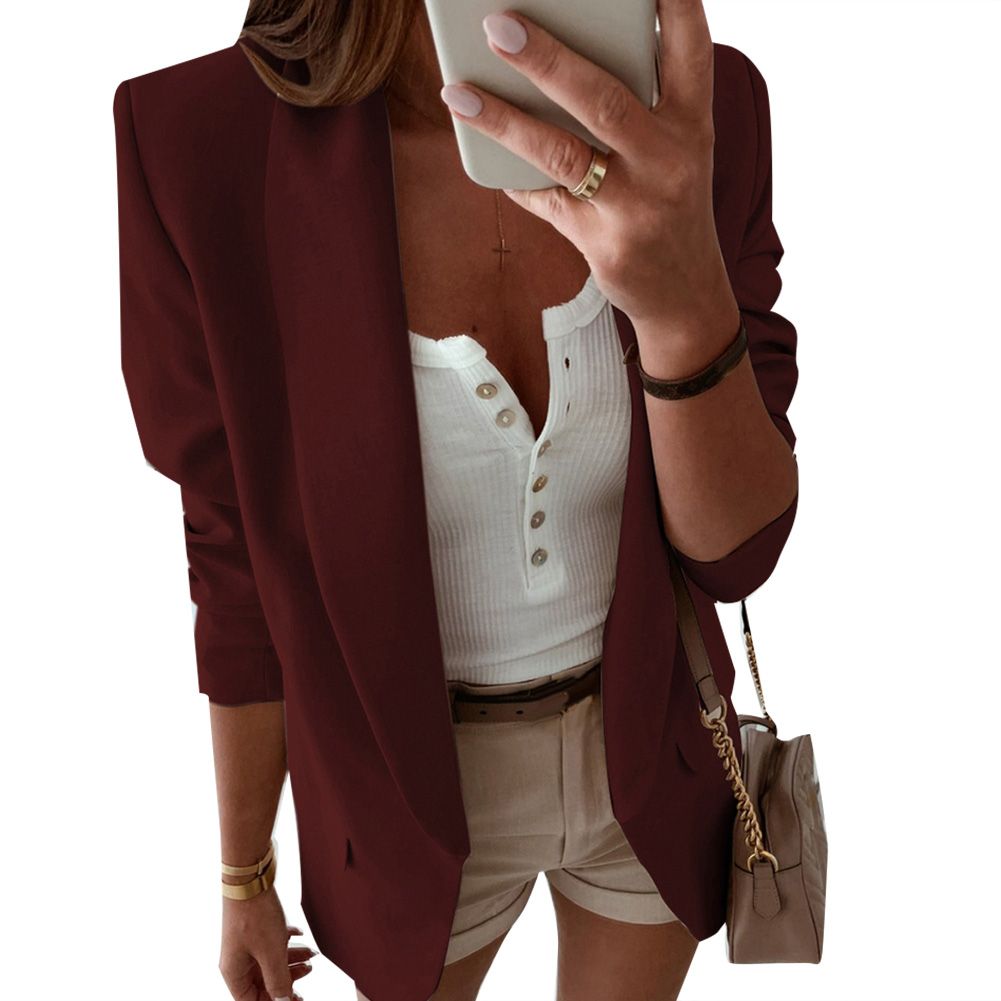 Women Solid Color Lapel Long Sleeve Blazer Pockets Slim Cardigan Suit Jacket