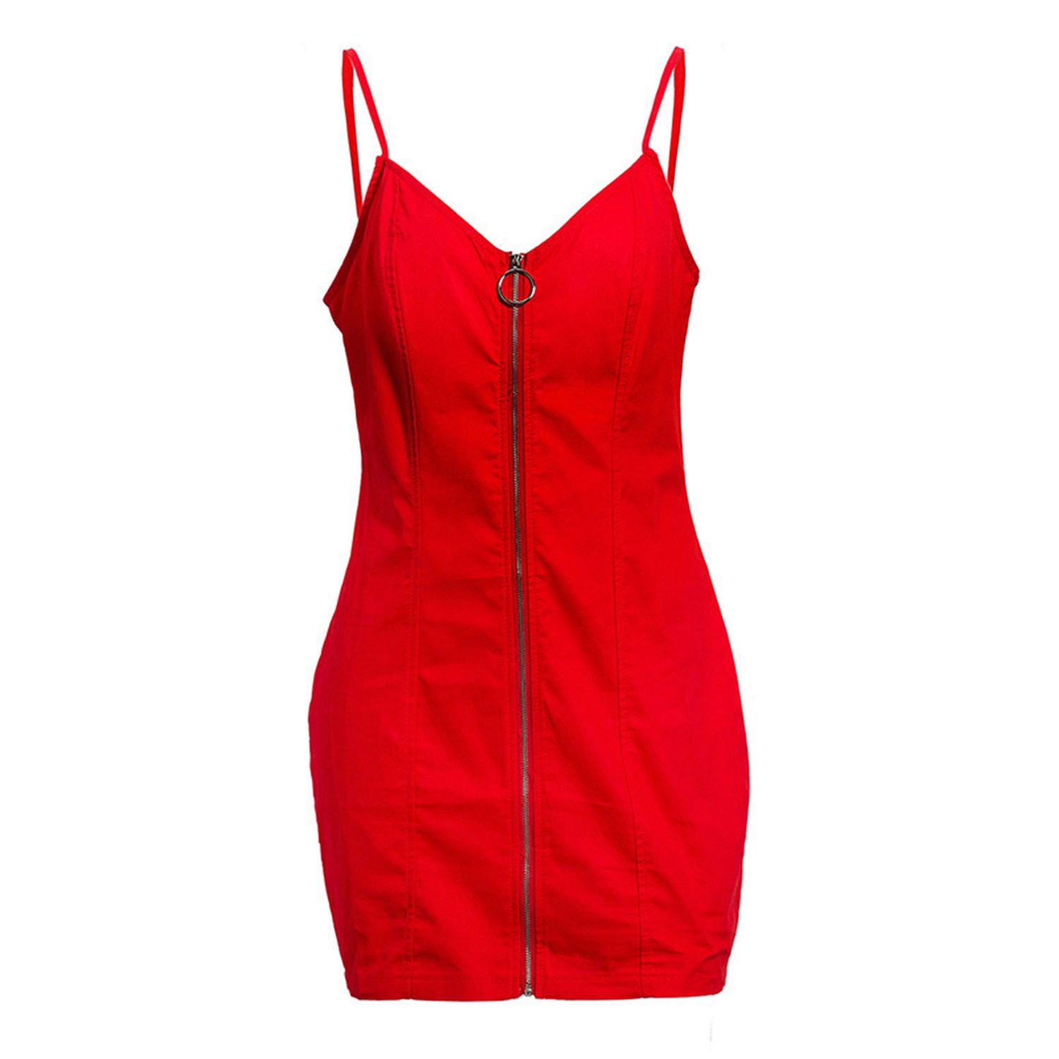 Women’s Summer Sexy Suspender Dress Fashion Solid Color Ring Zipper V-neck Skinny Short Dress