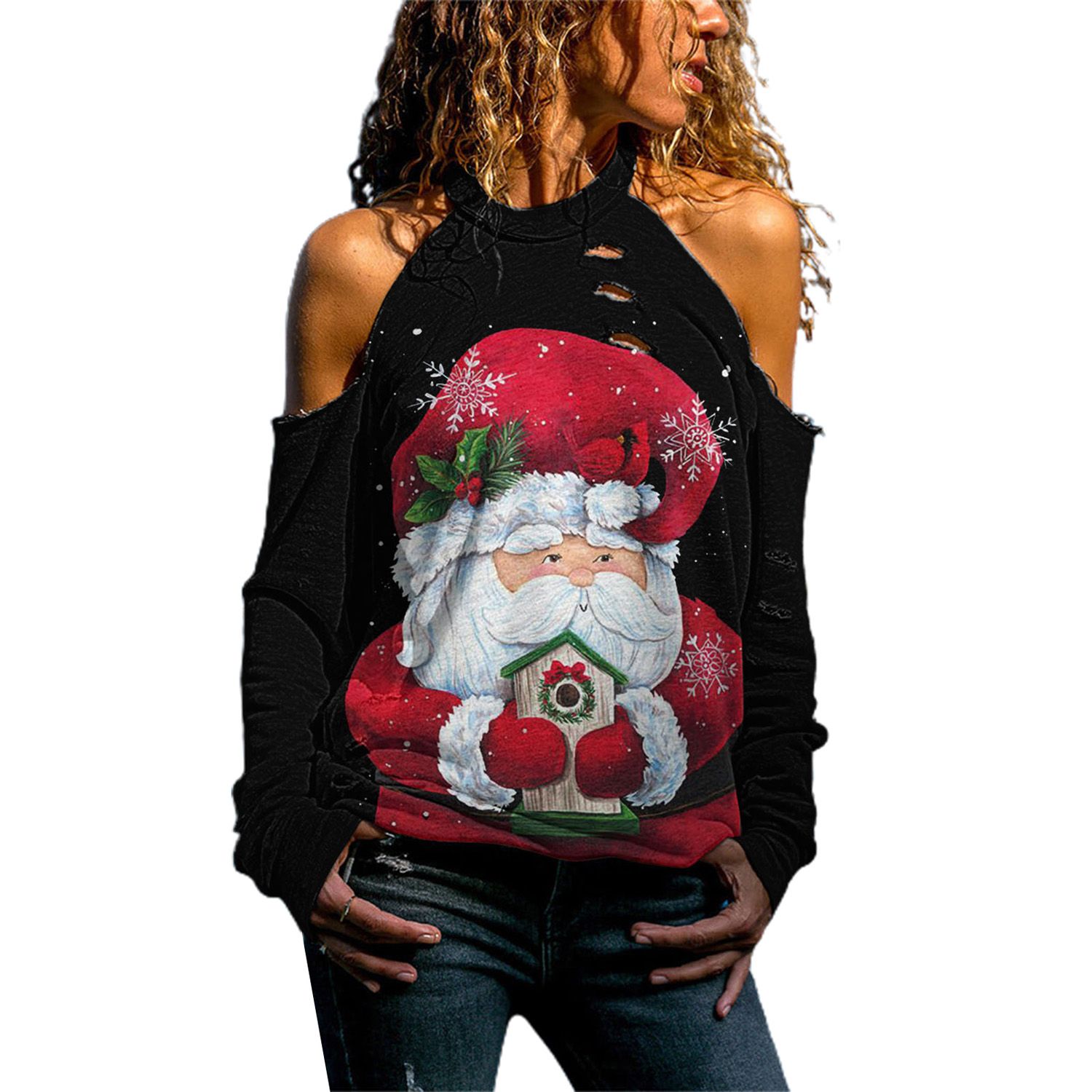 Christmas Blouse Loose Fit Gnome Snowflake Print Christmas Blouse