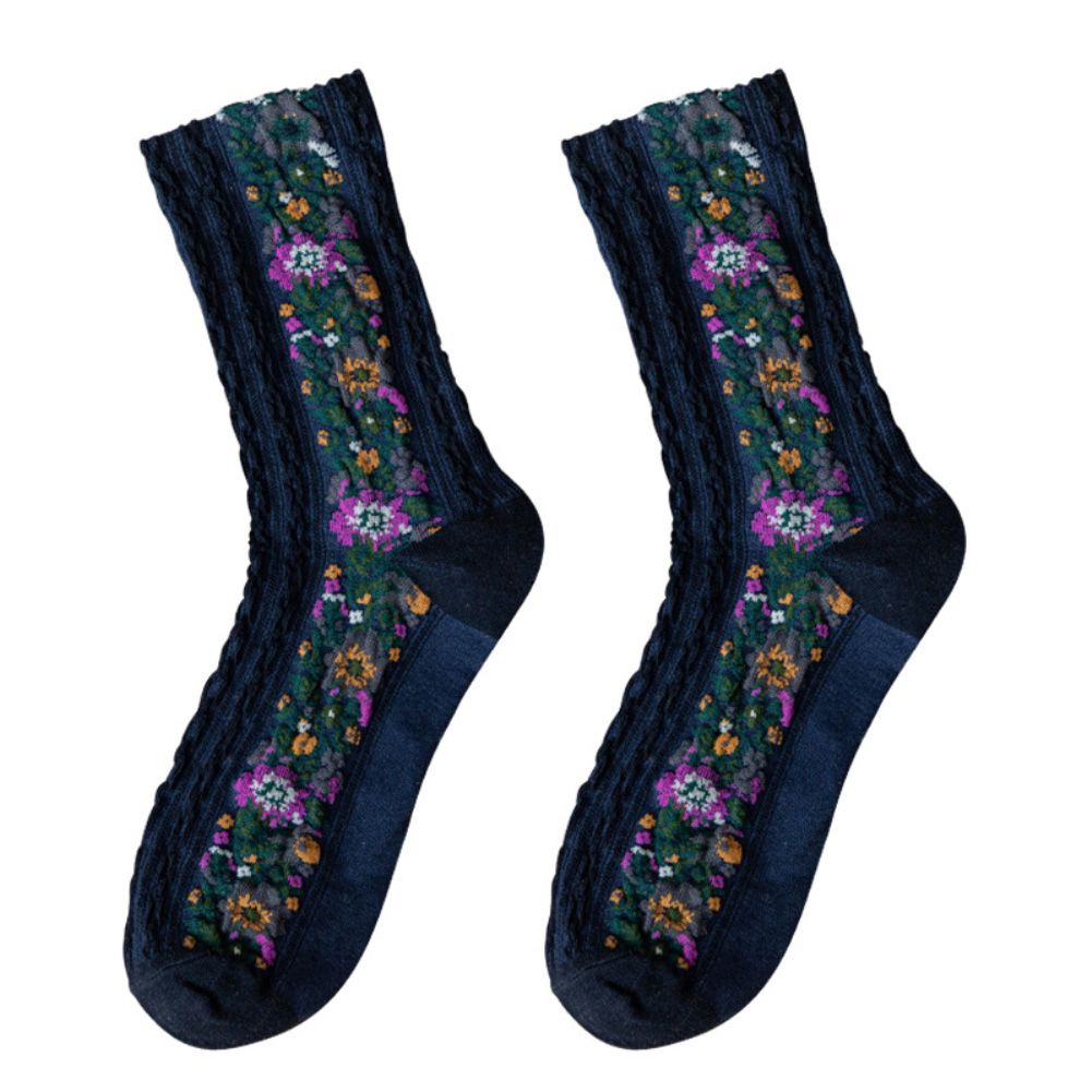 Vintage Women Autumn Winter Warm Floral Pattern Middle Tube Stretch Cotton Socks