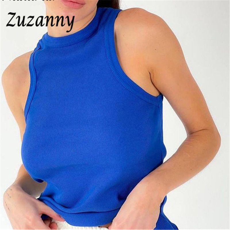 Rib Square Collar Women Crop Tops Summer Off Shoulder White Vest Knitted Solid Corset Scoop Tank Tops