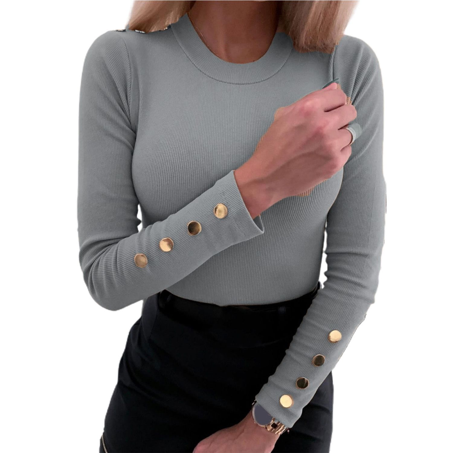 Pullover Blouse Elastic Metal Buttons Decor Tunic Top Jumper