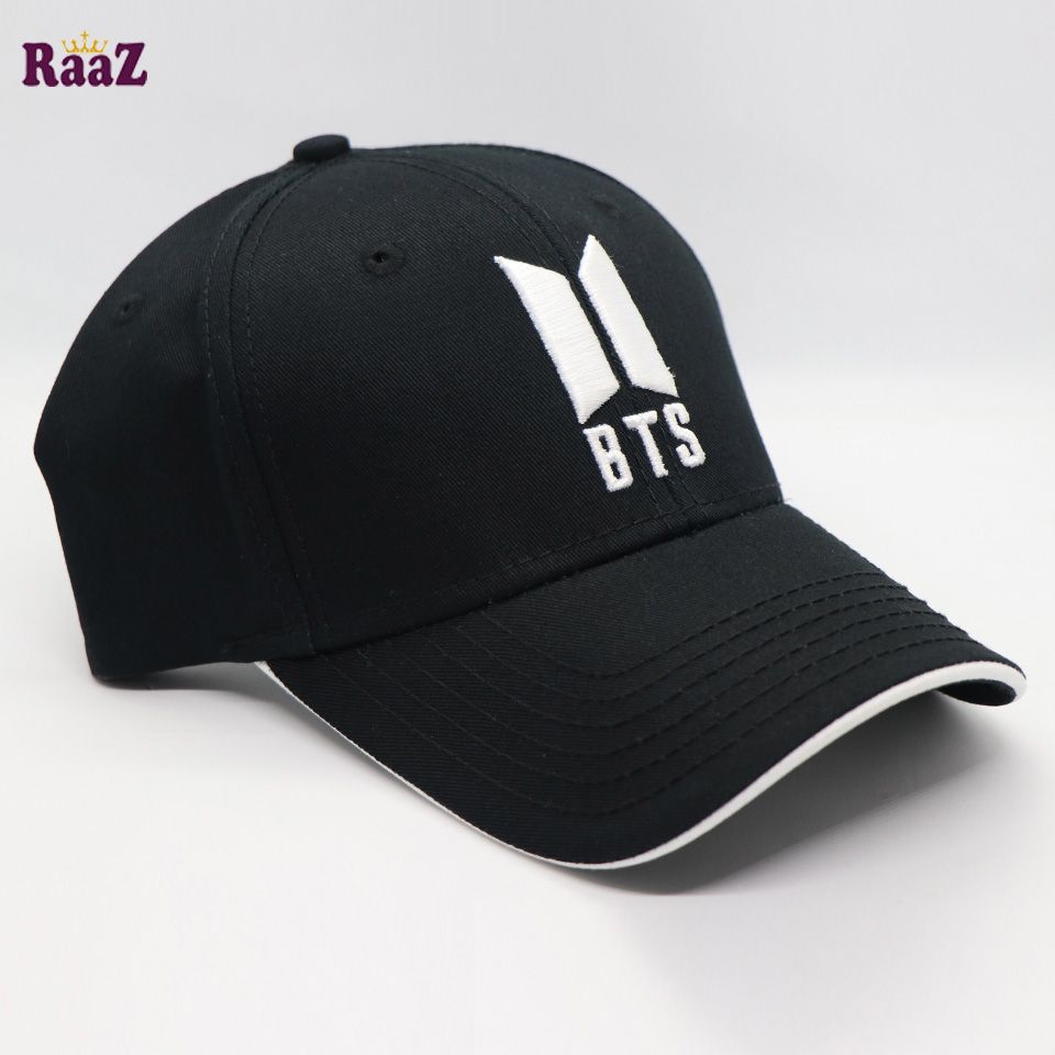 BTS Embroidery Back Side BTS Logo Curved Baseball Cap For Men And Women (Black And White)