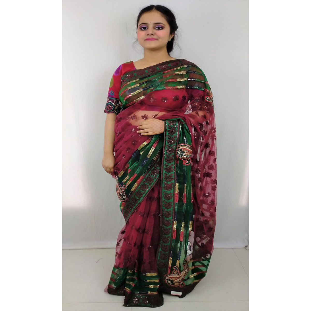 Indian Net Saree and blouse embellished embroidery and sequence work