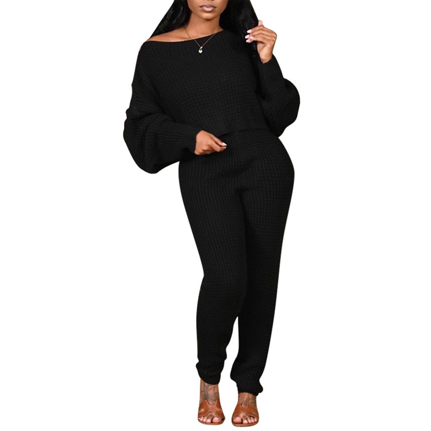 2020 2 Pcs Women Solid Color Outfits, Winter Casual Style Long Sleeve Round Neck Off-shoulder Pullover +