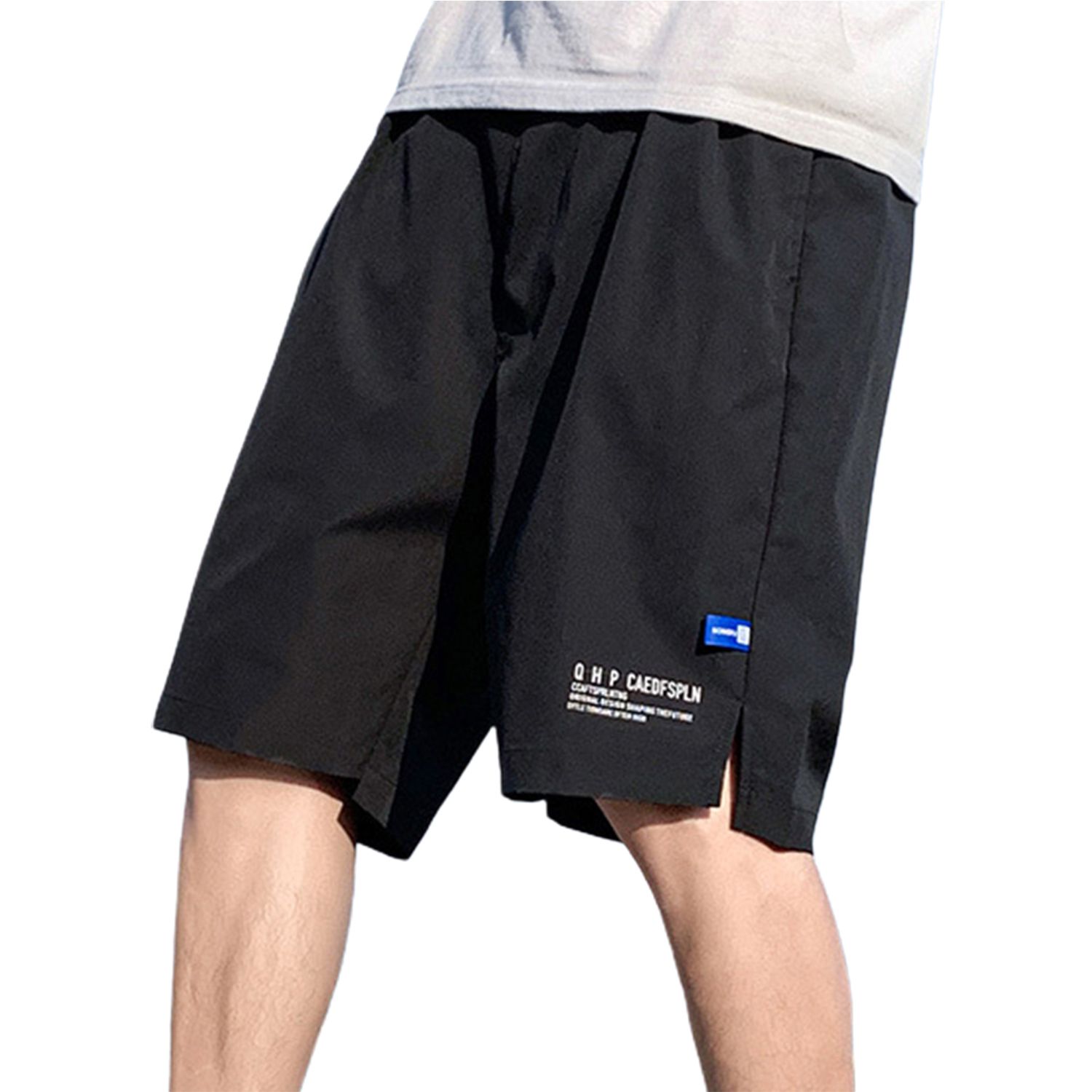 Men Shorts Knee Length Letter Print Smooth Wide Leg Side Split Fitness Shorts Streetwear