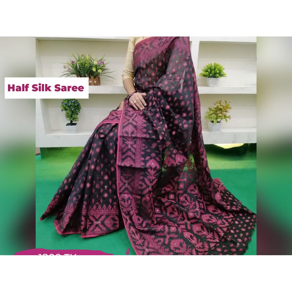 Multicolor pure tangail half silk jamdani saree for women