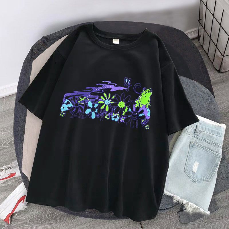 Retro Fashion Mushroom Flower Frog Print T-shirt Egirl Grunge Aesthetic Streetwear Graphic T-shirt Ladies T-shirt Cute Top