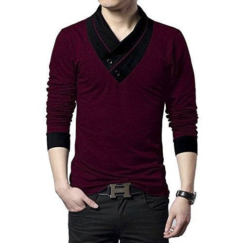 Maroon Cotton full sleeve V-Neck T-Shirt  for Men