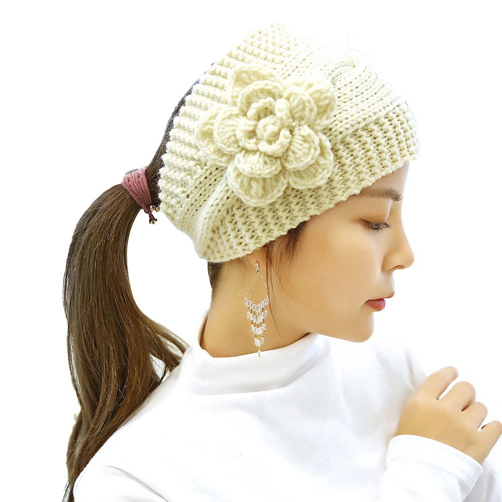 【BestGO】Ladies Girls Ladies Wool Knitted Hat Headband Winter S Hair With Stretch Flowers Cap