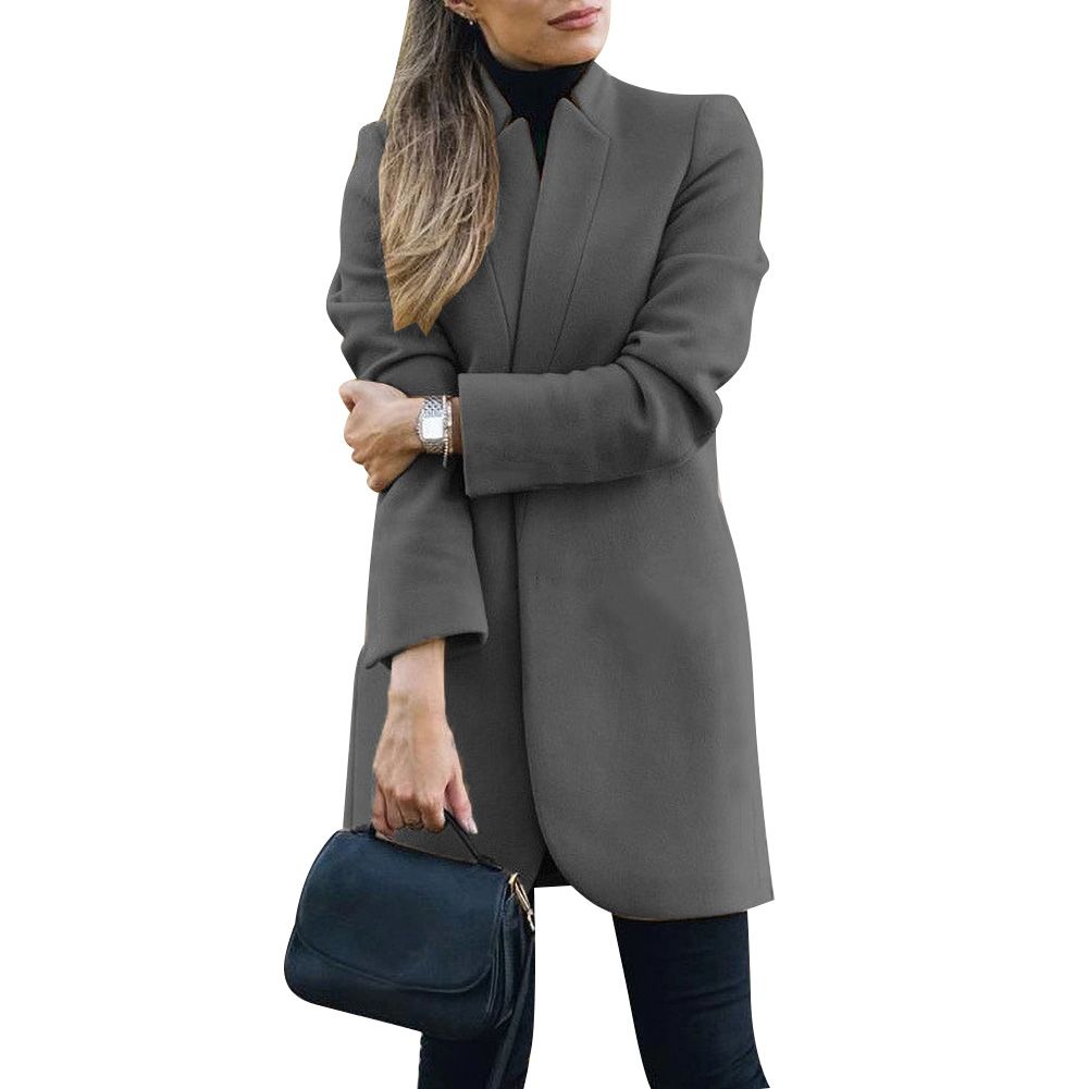 Fashion Women Winter Solid Long Sleeve Jacket Stand-up Collar Faux Wool Coat
