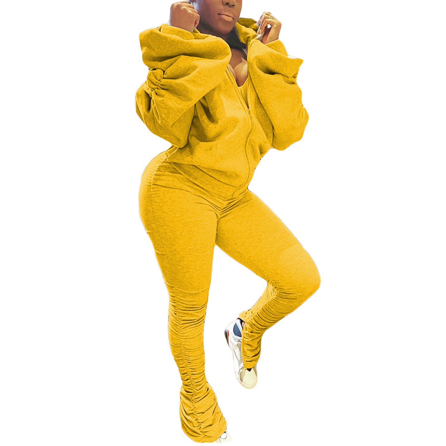 2021 Women’s Two Piece Casual Clothes Fashion Solid Color Backless Long Sleeve Hooded Top and Elastic H