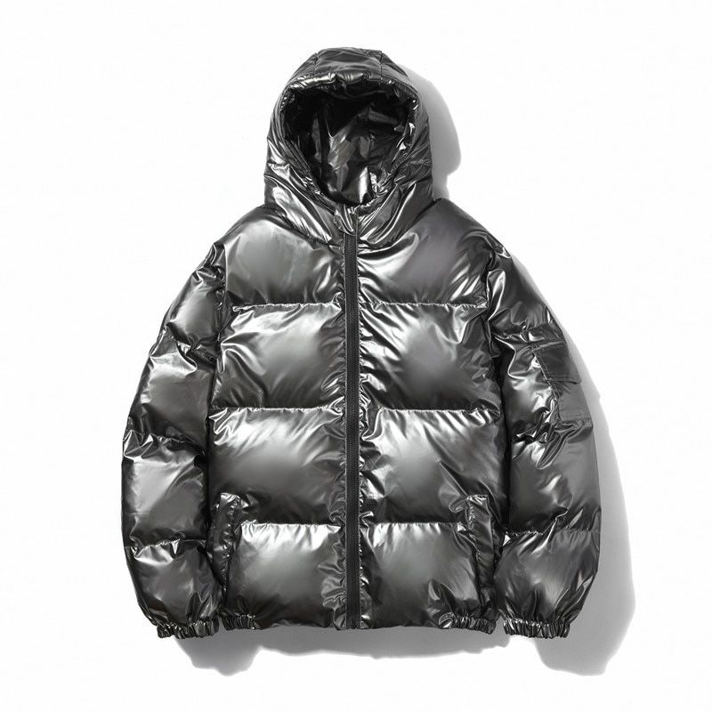Riinr Shiny Thick Padded Coat Fashion Trend Warmth Reflective Hooded Men's Solid Color Jacket Couple Plus Size Coat