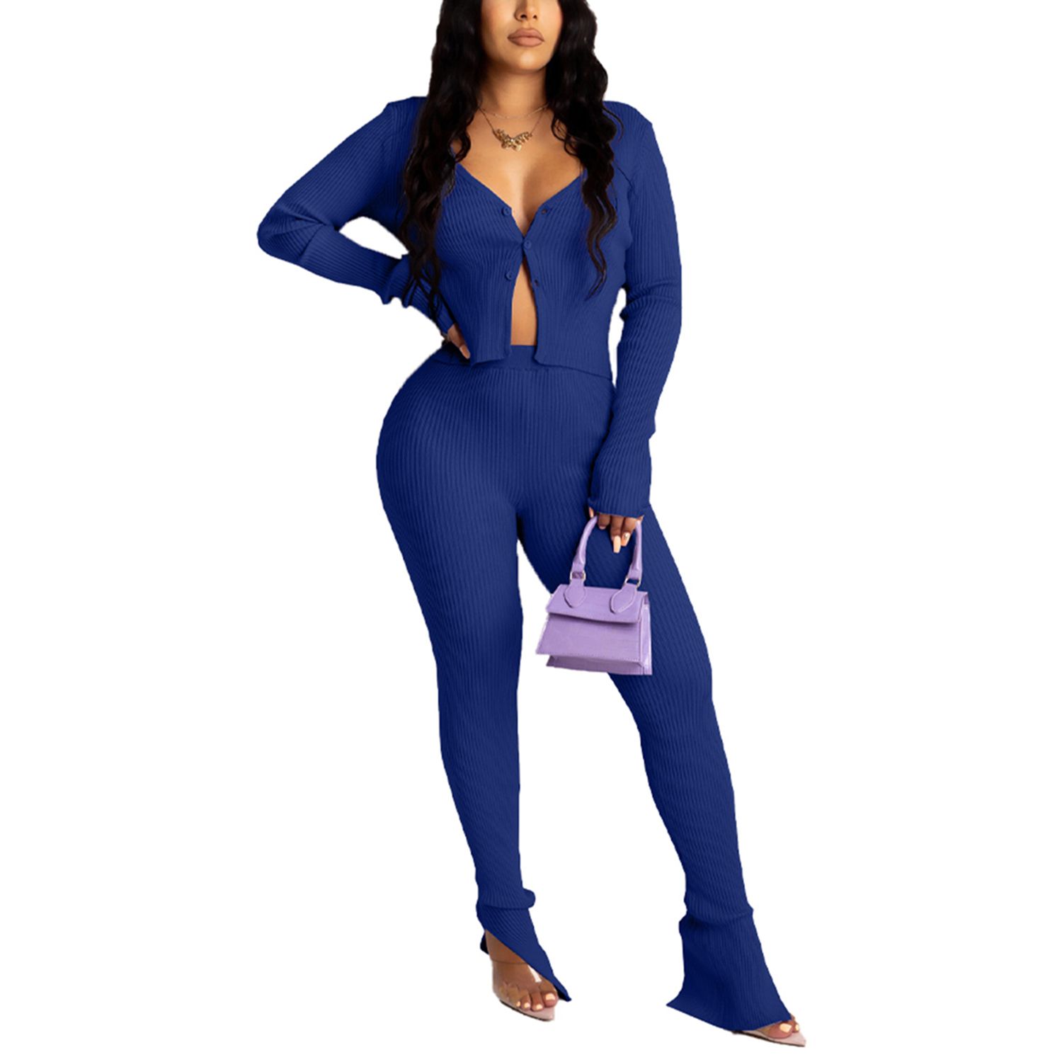 2021 2Pcs Women Autumn Suit, Solid-Color V-Neck Long-Sleeves Tight Top + High-Waist Slit Pants Outfit for