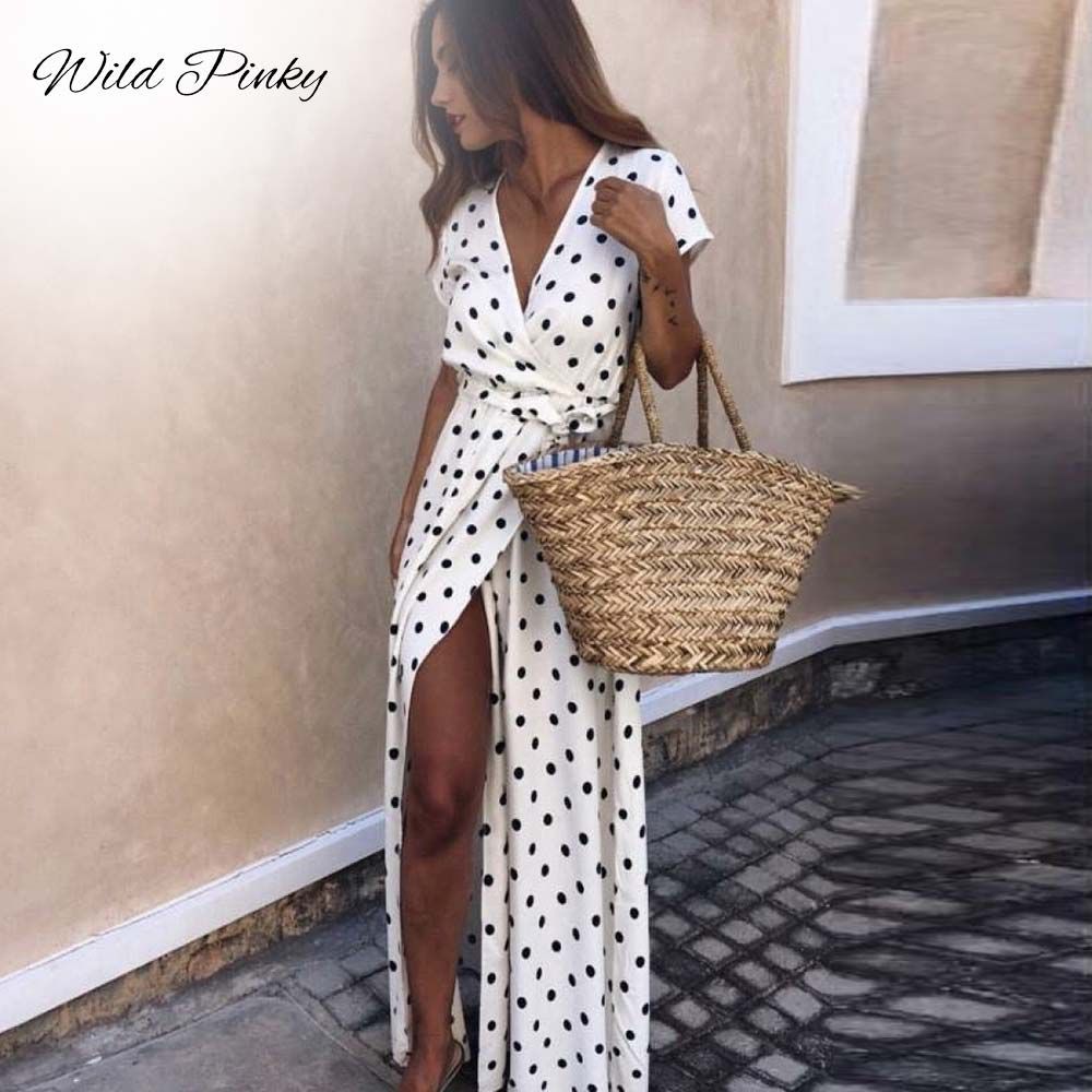 WildPinky Boho Polka Dot Long Dresses Women Split Short Sleeve Summer Casual Dress 2021 Streetwear Black Maxi Dress Vestidos