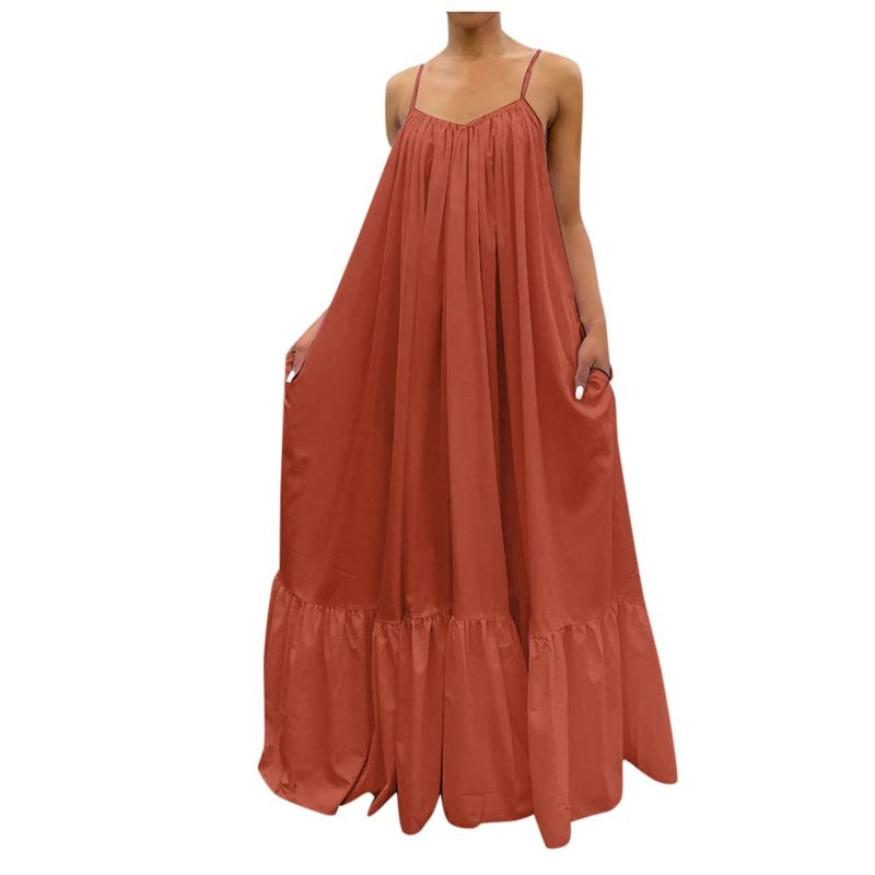 Women Camisole Oversized Fashion Casual Solid Maxi Dresses Strap Dress Pocket Loose Backless Big Swing Solid Floor-length Robe