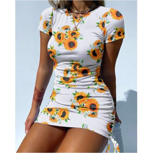New Style Women Slim Sheath Short Dress Ladies Young Style Sunflower Mini Dress Summer Dyeing Drawstring