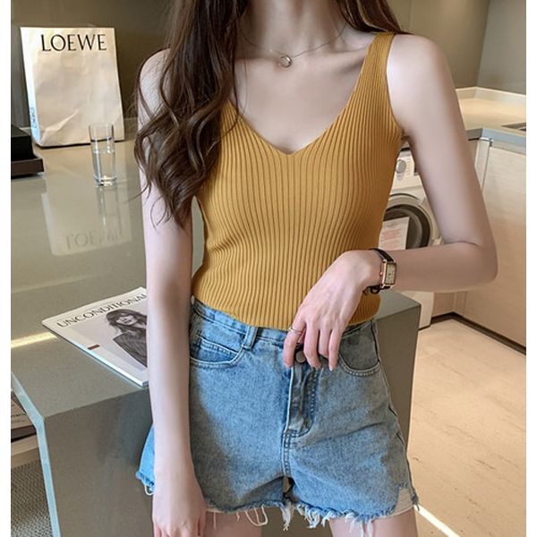 Korean Women Tops Halter tops Lady Ice Silk V-neck Camisole Top Woman Knitted Sleeveless Camis Tees Top