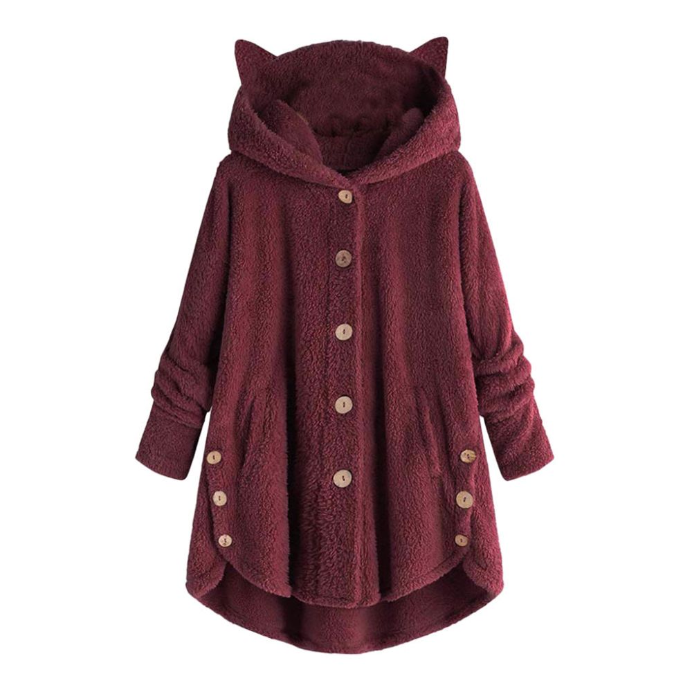 Plus Size Women Winter Fleece Cat Ears Hooded Coat Buttons Jacket