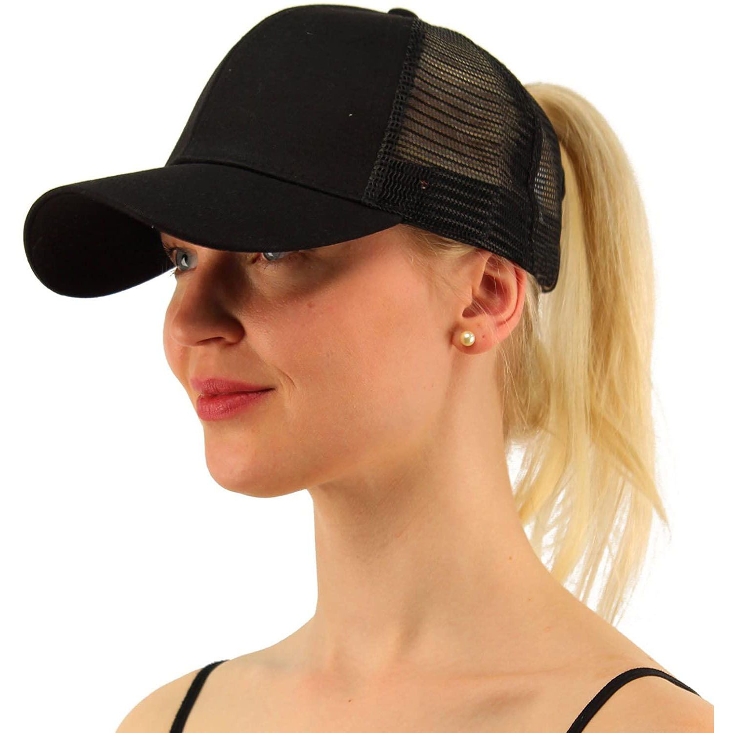 Solid Plain Black Half Net Cap In Baseball Style Women