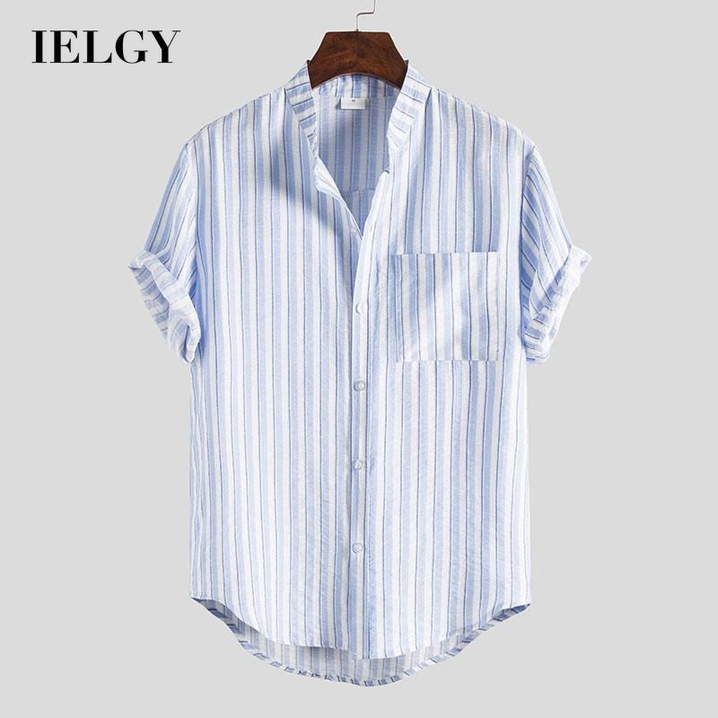 IELGY Shirts Fashion Versatile Korean Short sleeves Men's clothes Slim Stripes Color matching Simple