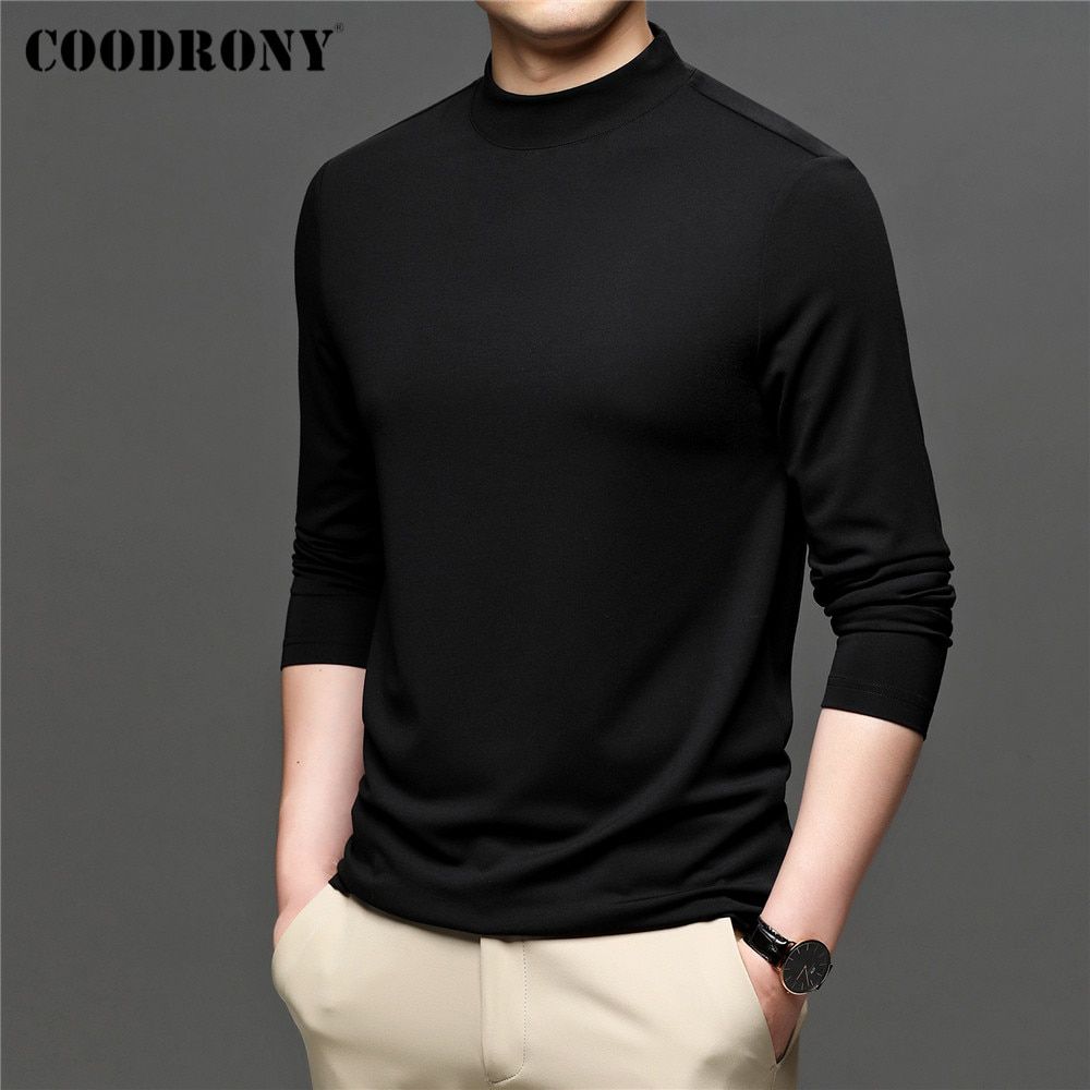 COODRONY Brand Spring Autumn  All-Match Fashion Casual Pure Color Stand Collar Long Sleeve T-Shirt Men Clothing C5049