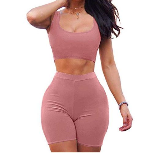Women 2PCS Sport Set, Solid Color Sleeveless Low Chest Crop Slim Top, High Waist Elastic Band Short Pants, Fitness Outfit Set