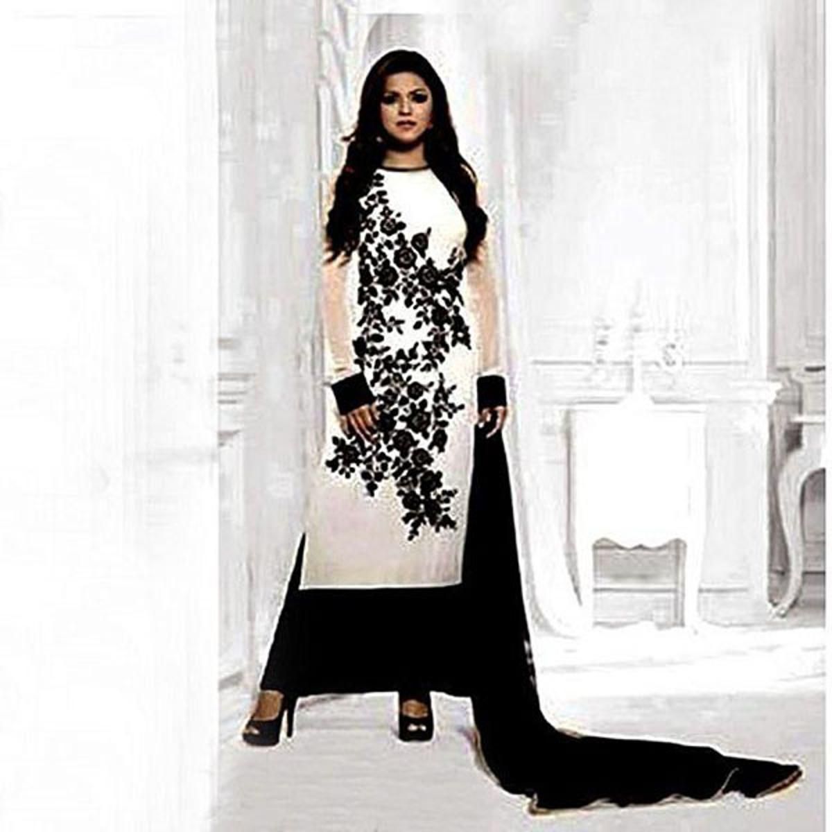 Unstitched Black and White Cotton Salwar Kameez