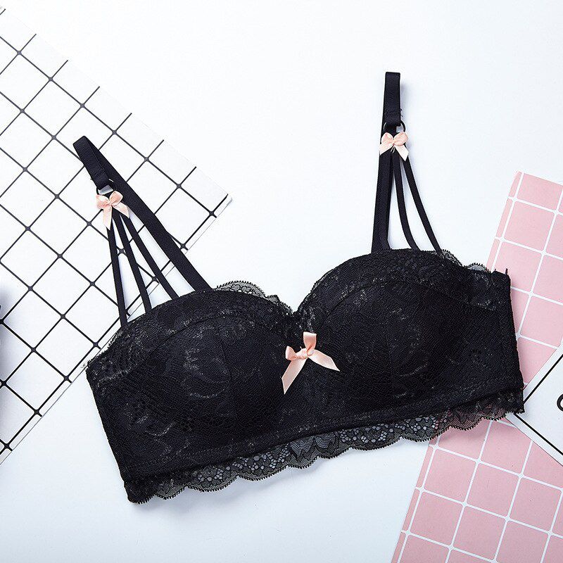 MengShan Ring-free lace bra Lace Bow Small chest gathered underwear women Comfortable and breathable push up bra