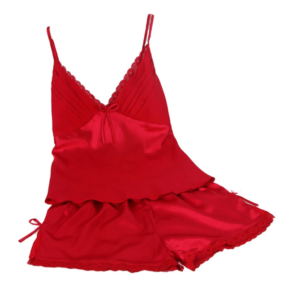 Women  y Solid Color Lace Pajamas Spaghetti Straps Camisole Elastic Shorts