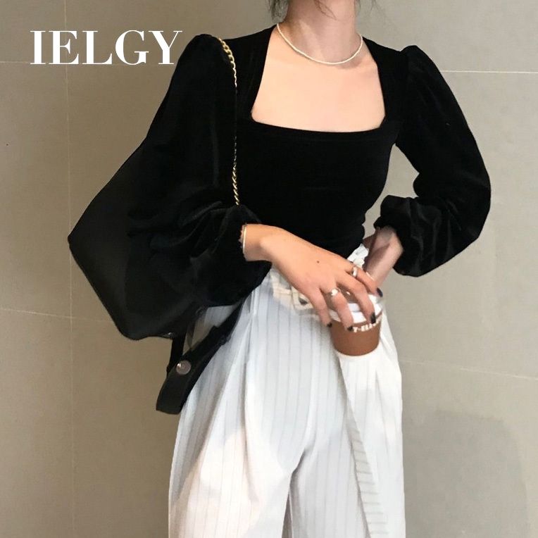 IELGY Korean fashion French retro bubble sleeve shirt shirt square collar temperament velvet shirt female tide