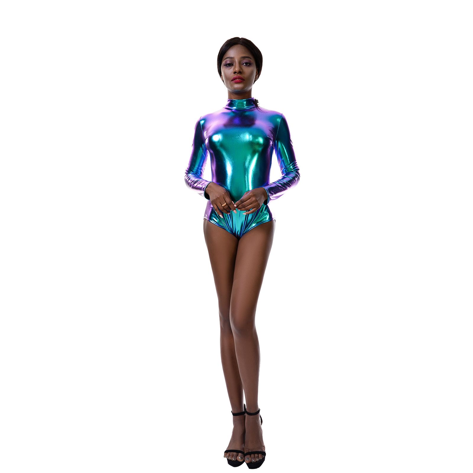 Women Shiny Bodysuit, Adults  Solid Color Long Sleeve High Collar Zipper Romper
