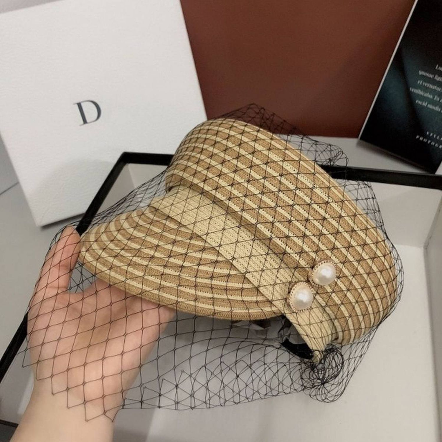 202003-zhou-mesh  striped paper pearl Button lady VISORS cap  women leisure  hat