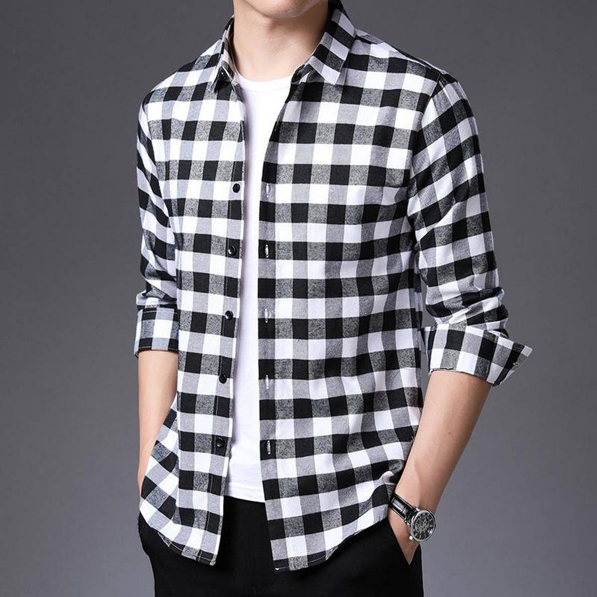 Black & White Small Check Shirt For Men - Shirt