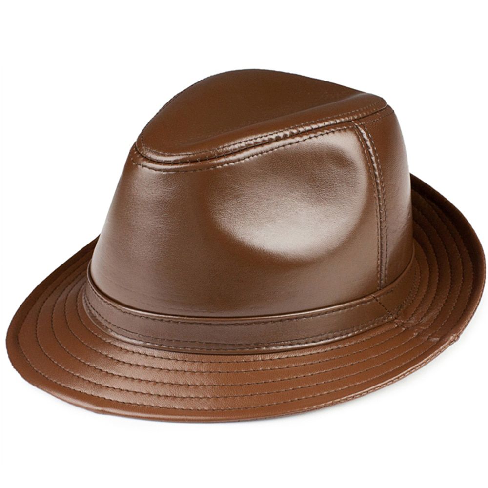 Leather Brown Fedora Hat Men Sheepskin Jazz Cap Autumn Winter British Casual High Quality Wide Brim Hat