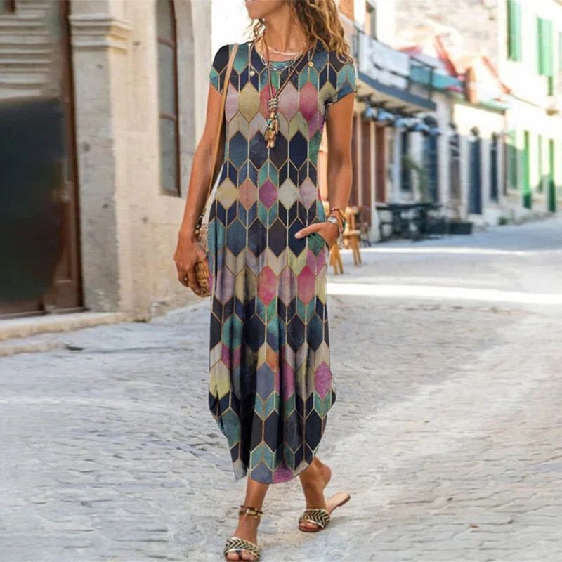 3XL Plus Size Women Floral Print Dress Short Sleeve Summer Bohemian Long Dresses Lady Casual Loose O-Neck Slim Sundress Vestidos