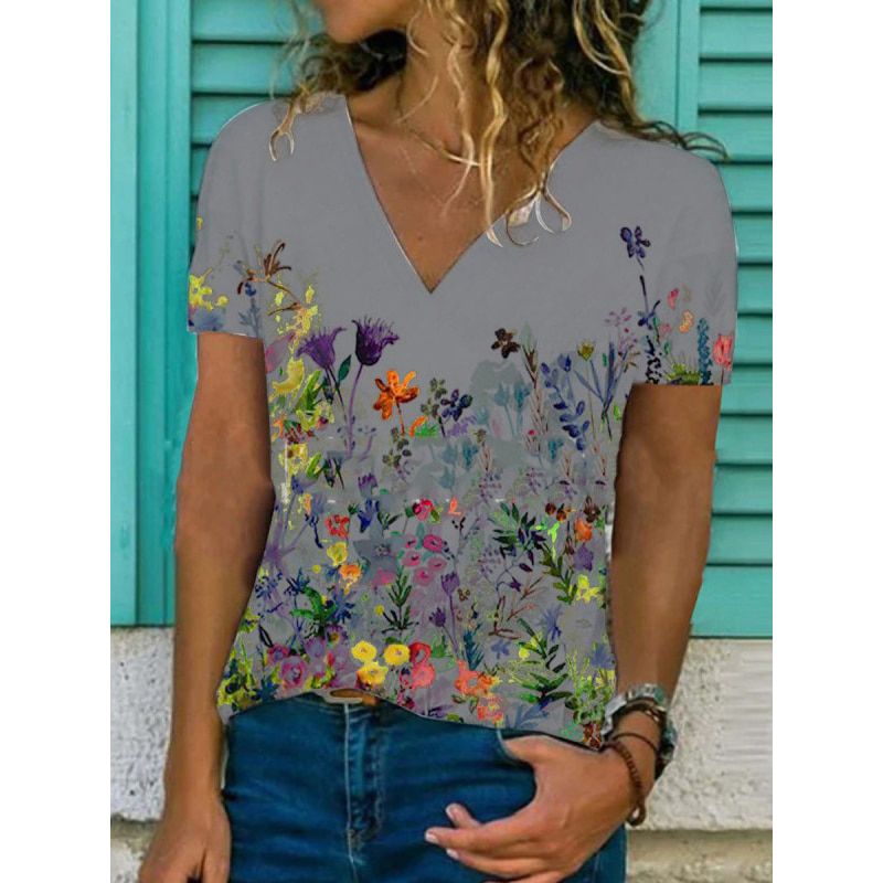 Women's Fashion Trend V-neck Short Sleeve Tops Casual Floral Print Pullover Summer Loose Large Size All-match Ladies T-shirt