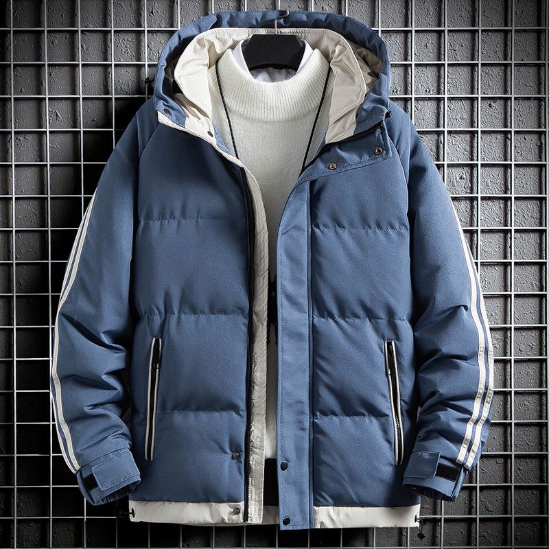 Street Fashion Striped Parka Mens Winter Thicken Coat Hooded Stand Jacket Men Casual Warm Outwear Harajuku Streetwear