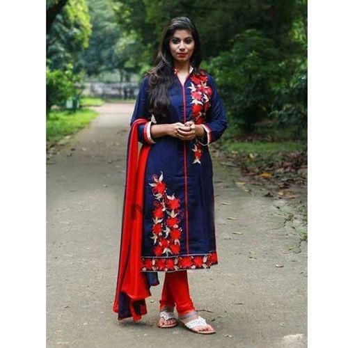 Unstitched Navy Blue Cotton Unstiched Block Printed Salwar Kameez For Women
