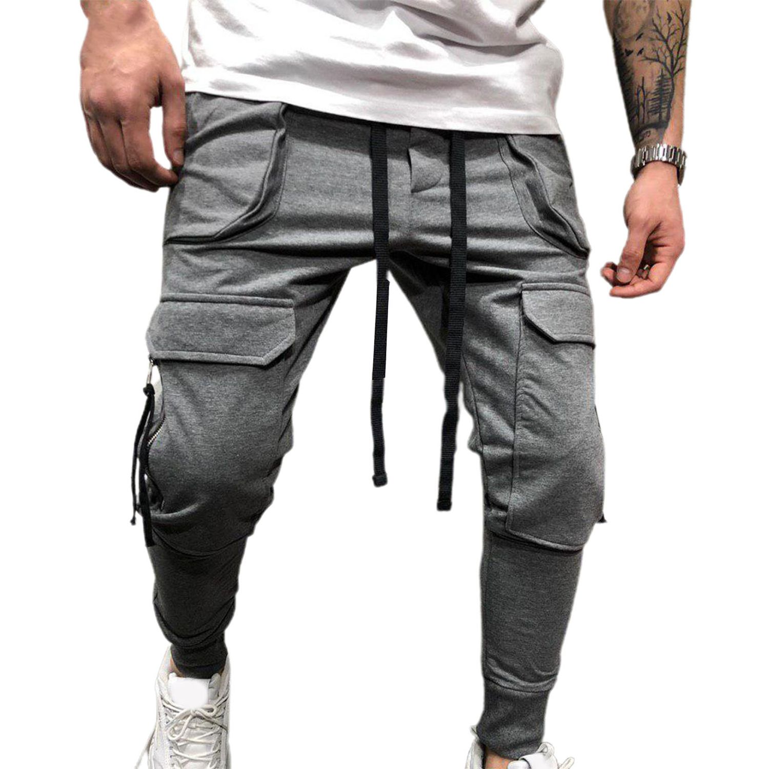 Male Sweatpants Large Pockets Drawstring Mid Waist Fitness Pants